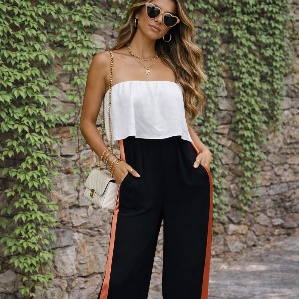 DIANE VON FURSTENBERG X REVOLVE Black and Tan Amare Color Block Jumpsuit, 2